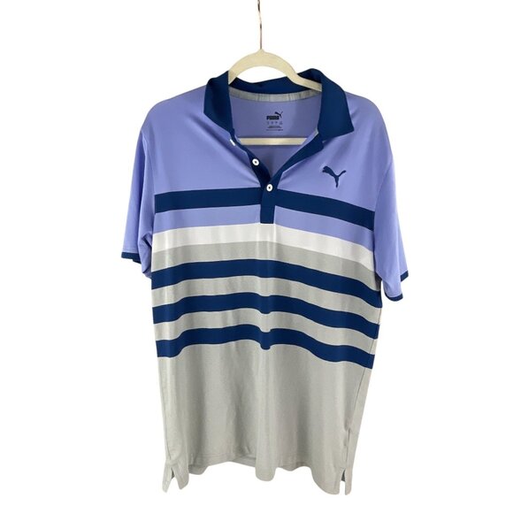 Puma Mens Striped Polo Shirt Blue & Gray Size M Short Sleeve Logo Golf Casual - Picture 1 of 9